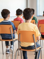 Students attending class classroom realistic photo indoor side view