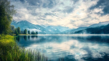 Serene Lakeside Scene with Tranquil Water Reflections and Majestic Mountains in Background