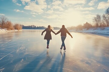 Fototapeta premium A couple ice skating hand in hand on a frozen lake during sunset.