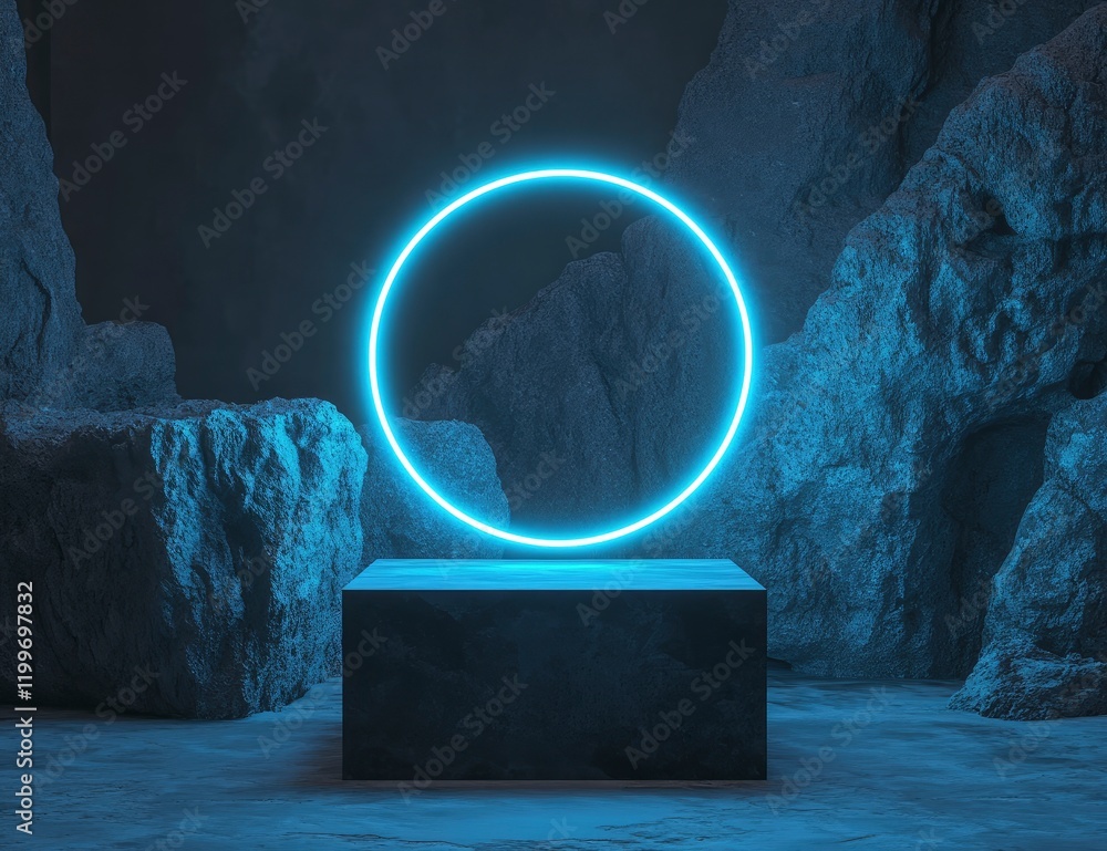 Poster 3d render of an abstract background with a blue neon light ring on a podium display in a minimal roo