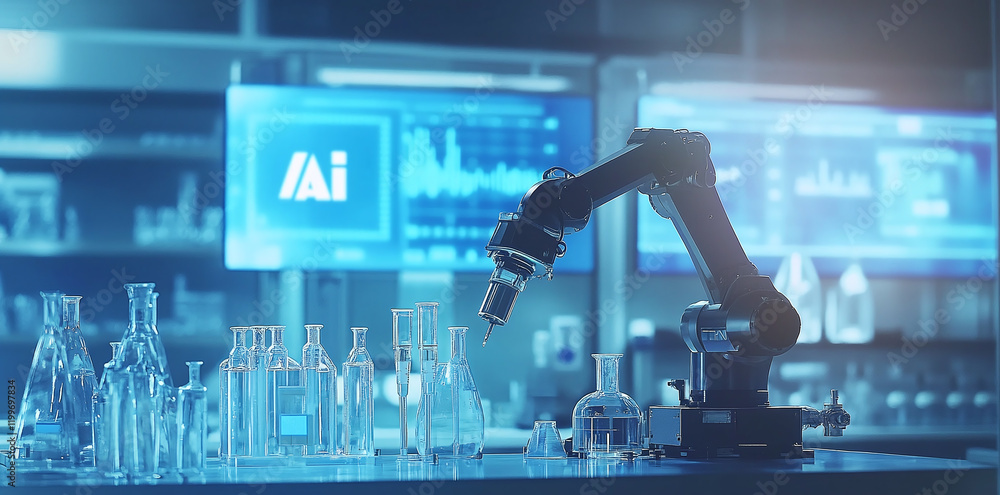 Poster a robotic arm interacts with a digital display in a high-tech control room filled with glowing monit
