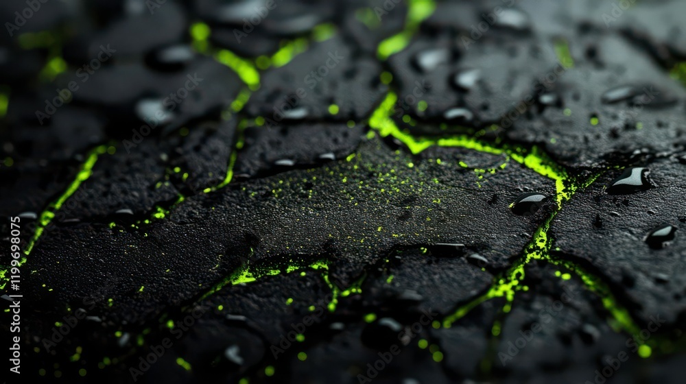 Poster a close-up of a textured surface with glowing green cracks and droplets of water, creating a strikin