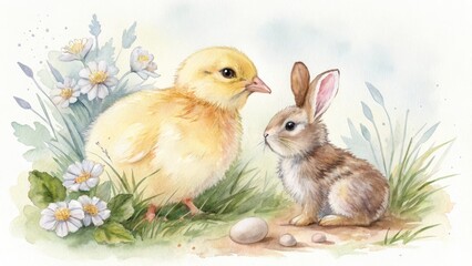 Cute watercolor illustration of a chick and bunny among flowers