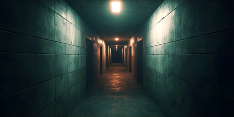 A dimly lit corridor with walls and doors viewed straight ahead, creating a mysterious and eerie atmosphere. Concept Dimly Lit Corridor, Mysterious Atmosphere, Eerie Shadows, Intriguing Doorways