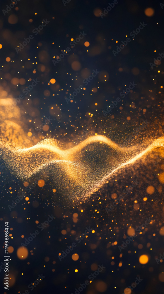 Aufkleber Abstract golden particles flowing on black background creating waves and bokeh effect, perfect for luxury, festive or technology related projects