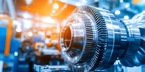 A close-up of a metallic gear or turbine component, showcasing intricate details and a polished surface in an industrial setting. Concept Close-Up Photography, Metallic Gear Details