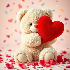  Valentine's Day Concept Adorable Teddy Bear Holding Heart with Confetti and Rose Petals
