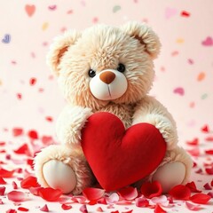  Valentine's Day Concept Adorable Teddy Bear Holding Heart with Confetti and Rose Petals