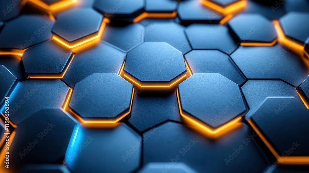 Poster a close-up view of hexagonal shapes in a dark, textured surface highlighted with blue and orange lig