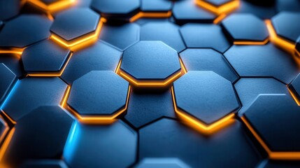 A close-up view of hexagonal shapes in a dark, textured surface highlighted with blue and orange lighting effects.
