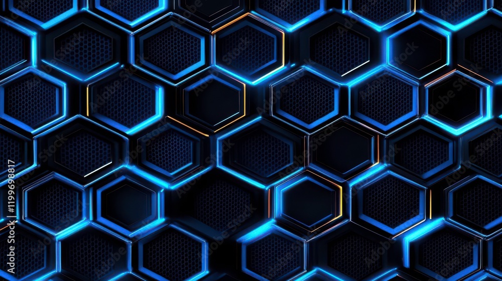 Poster a futuristic pattern of hexagonal shapes illuminated in vibrant blue against a dark background, crea
