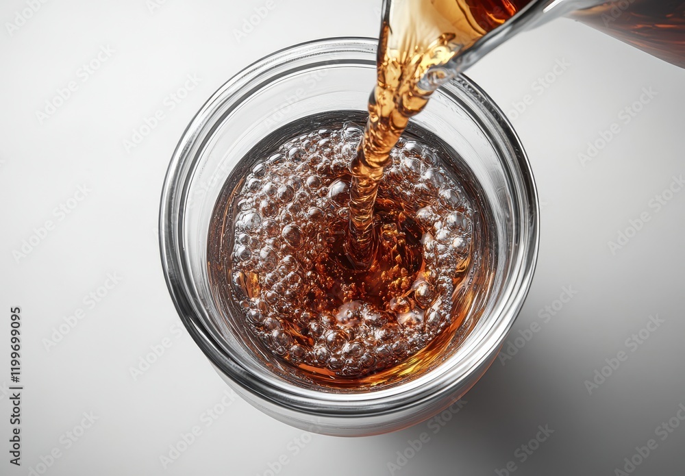 Poster pouring a dark beverage into a transparent glass with bubbles and reflection, capturing the rich col