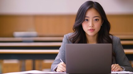 Student working on laptop in classroom academic setting focused