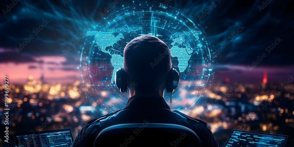Poster a person with headphones sits in front of a futuristic screen displaying a digital world map and cit