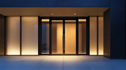 Modern entrance with glass doors and warm lighting, creating an inviting atmosphere.
