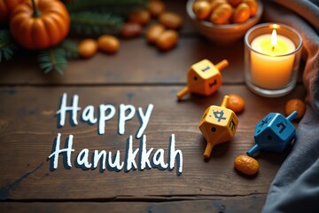 A rustic wooden table set with a few spinning dreidels and some gelt, with a warm glow from a nearby candle. The text "Happy Hanukkah" is artistically written on the table.