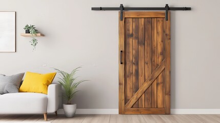 A cozy interior featuring a wooden sliding door and a stylish sofa with a plant.