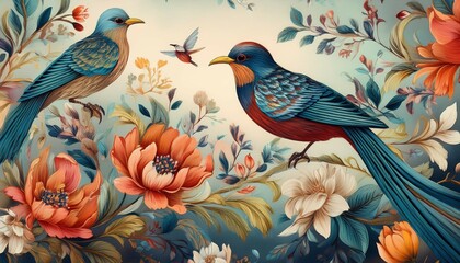 beautiful illustration painting of bird and floral fabric pattern background wallpaper