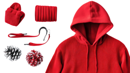 Red clothing items including a hoodie, mittens, and accessories on a white isolated background. Perfect for seasonal fashion displays.
