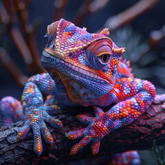 Close-up image of a colorful chameleon on bark, vivid colors and wide-eyed - AI-Generated