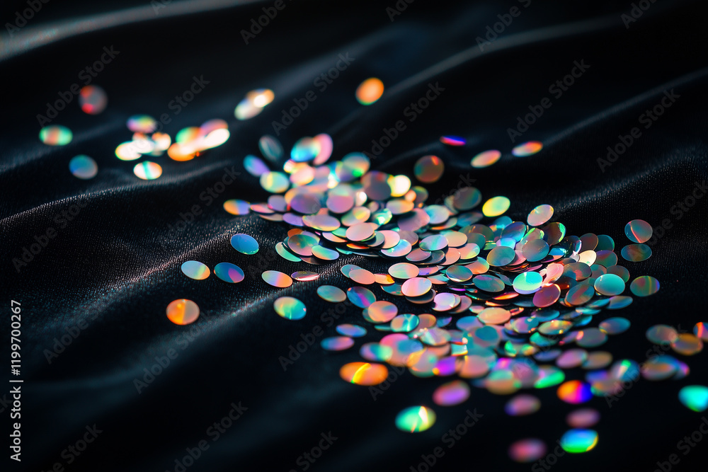 Aufkleber circular holographic fragments scattered over a dark fabric surface creating a sparkling effect