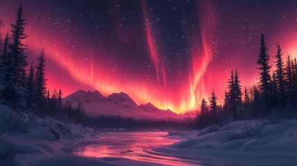 A stunning winter landscape featuring vibrant auroras illuminating the night sky above snow-covered mountains and a serene river.