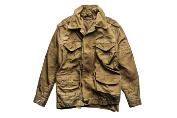 Military style jacket displayed against a neutral background, highlighting its practical design and utility features isolated on transparent background