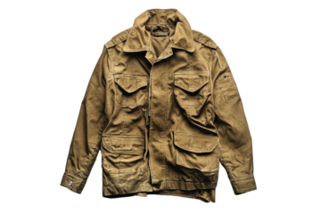 Military style jacket displayed against a neutral background, highlighting its practical design and utility features isolated on transparent background