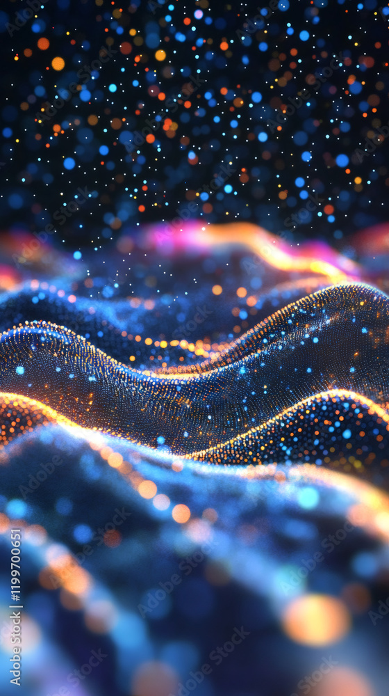 Poster abstract background forming glowing blue and orange waves with particles floating above, perfect for