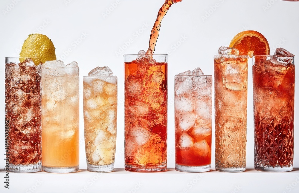 Poster refreshing assortment of colorful cold beverages with ice and citrus garnishes on a bright backgroun