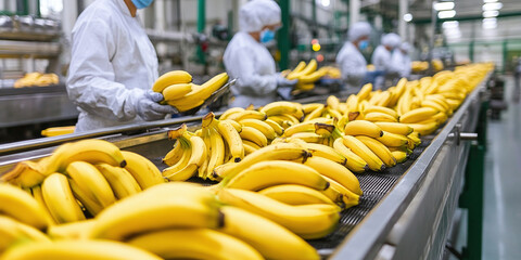 Close-up of a banana sorting conveyor in an industrial facility, showcasing rows of ripe yellow bananas being processed. Suitable for agricultural or logistics themes.