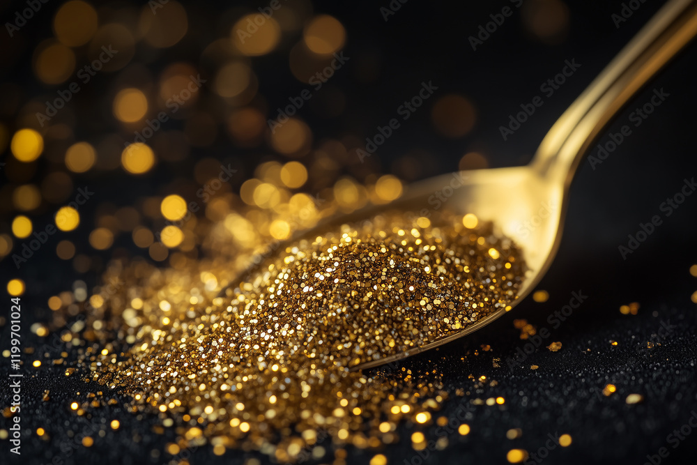 Poster golden glitter shimmering beautifully across a dark surface captured in a close-up view with a shiny