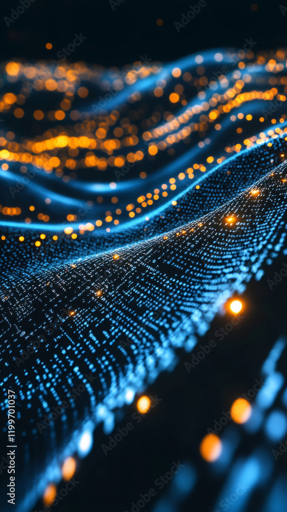 Poster digital blue wave surging through cyberspace, glowing particles streaming, blockchain data visualiza