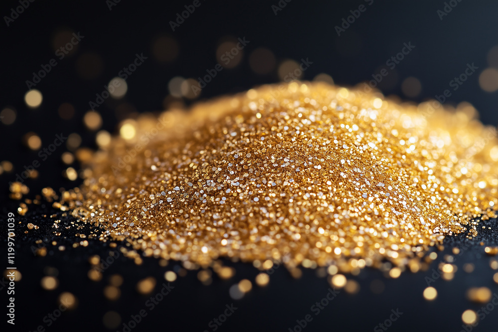 Poster golden glitter creates a shimmering effect on a dark surface, capturing the light in a dazzling disp