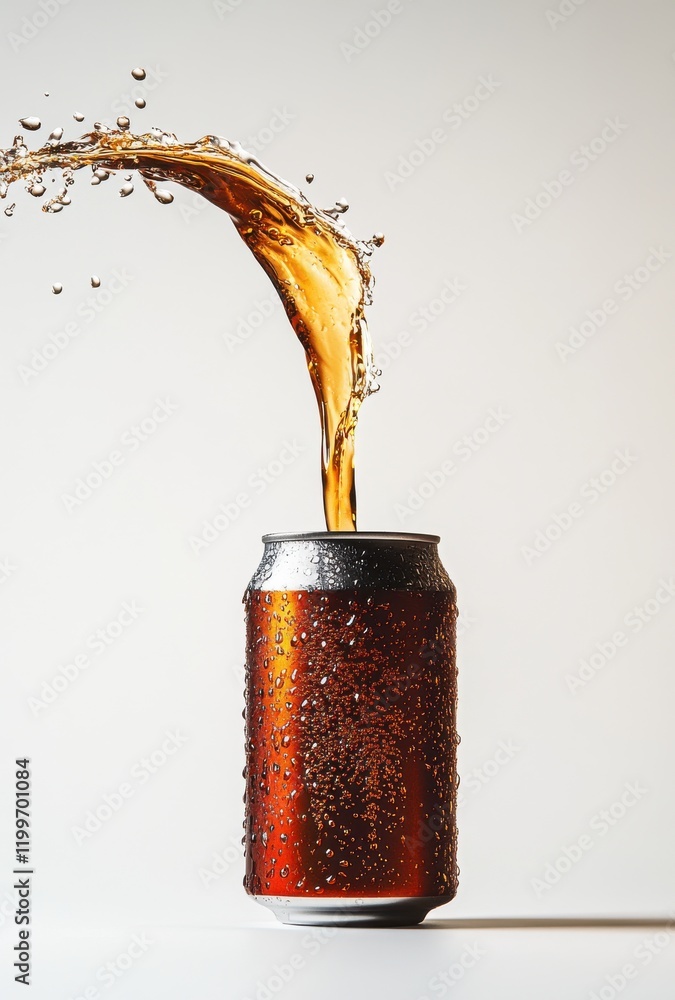Poster refreshing beverage can with splashing liquid and dewy surface captured in studio setting, perfect f
