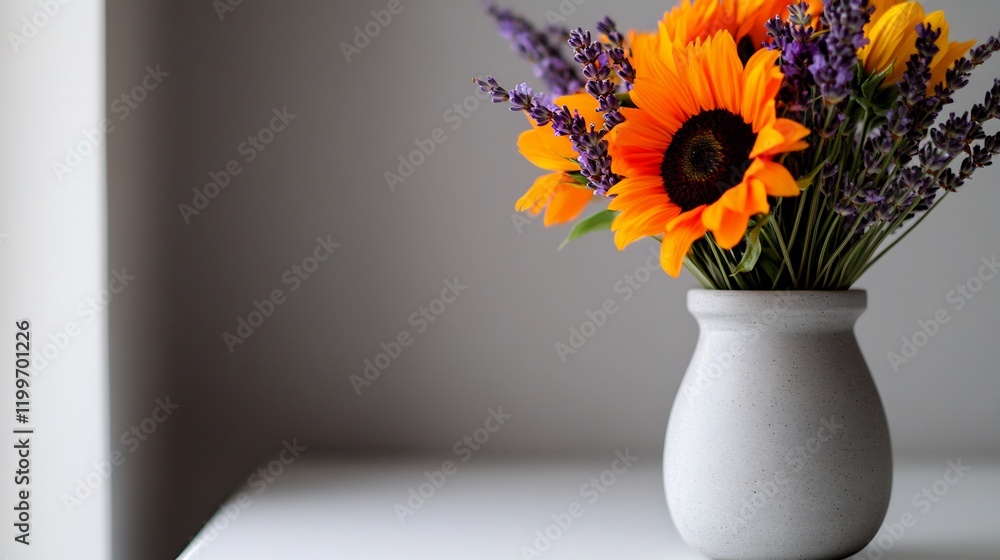 Wall mural Sunflowers and Lavender in a Grey Vase: A Still Life of Summer Blooms