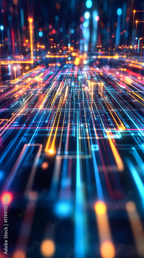 Poster Complex network of colorful lines and glowing dots representing data flow on a futuristic circuit board, symbolizing technology and innovation