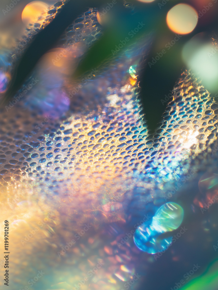 Aufkleber holographic paper displaying vibrant shimmering patterns in soft light against a blurred natural bac