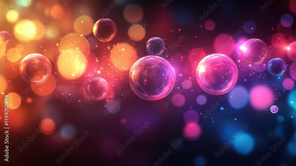 Poster abstract image of colorful bubbles floating against a dark background, creating a vibrant and dreamy