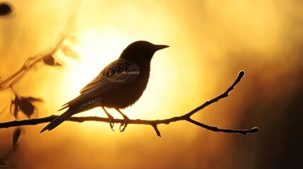 Sunset bird silhouette perched on branch, hazy background, nature serenity
