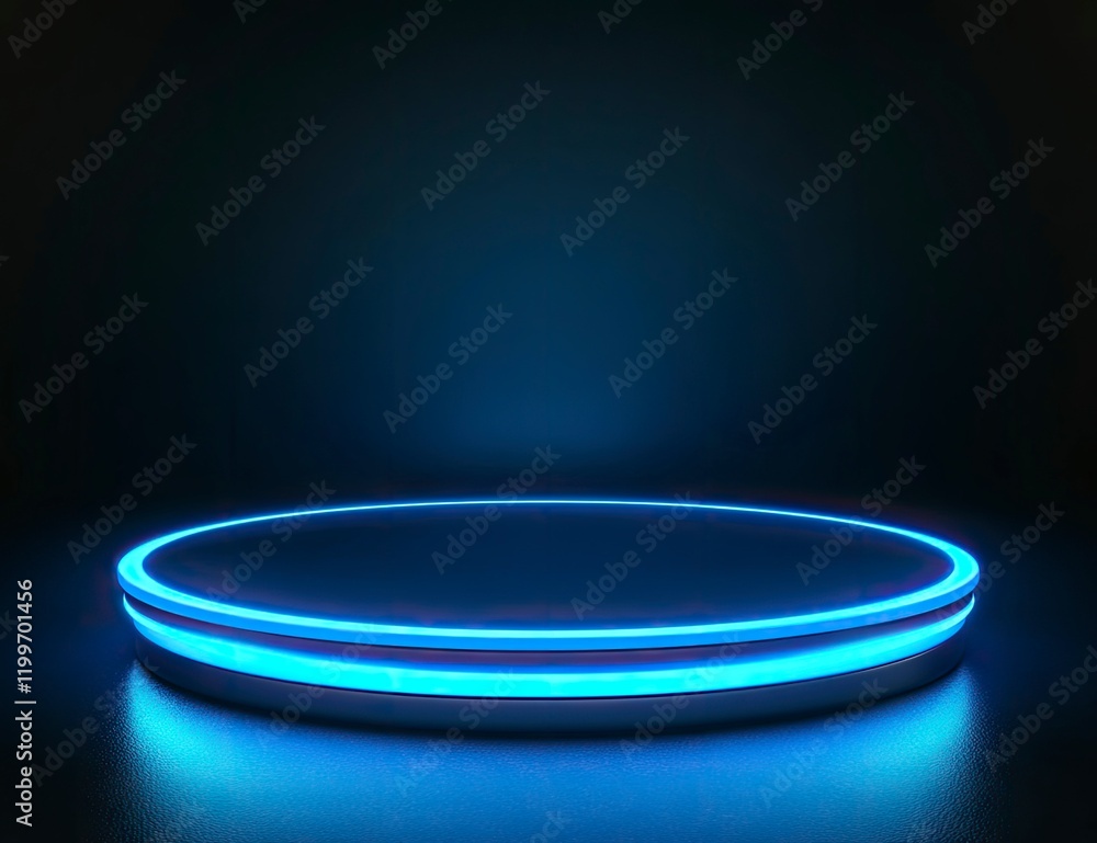 Poster 3d rendering of a blue background podium with a glowing neon light ring. minimal scene for product d