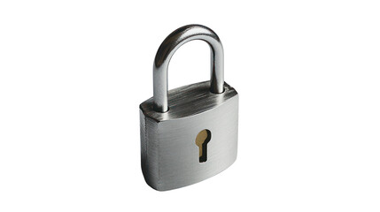 Naklejka premium A close-up of a metallic padlock with a keyhole on a white isolated background, symbolizing security and protection.