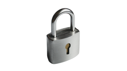 A close-up of a metallic padlock with a keyhole on a white isolated background, symbolizing security and protection.