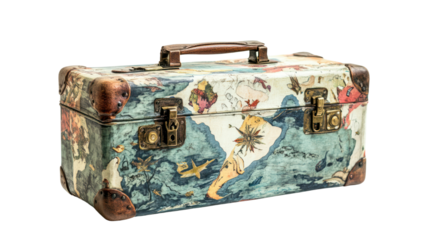 Vintage suitcase with colorful illustrations on a white isolated background, perfect for travel themes and nostalgic aesthetics.