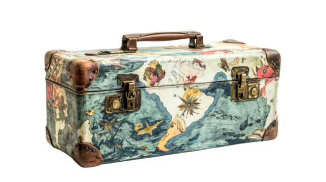 Vintage suitcase with colorful illustrations on a white isolated background, perfect for travel themes and nostalgic aesthetics.