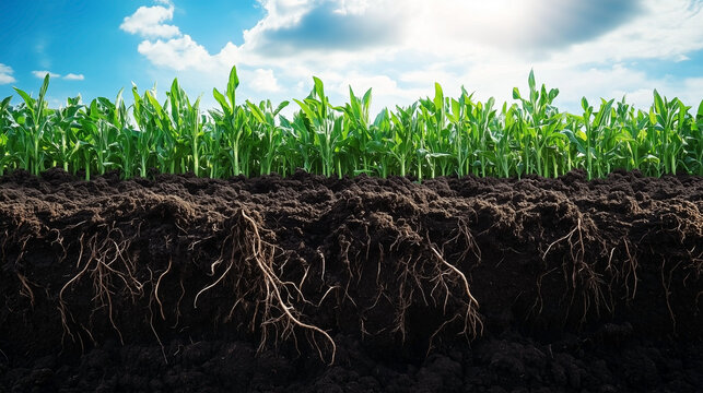 A field of green plants with roots visible - Powered by Adobe