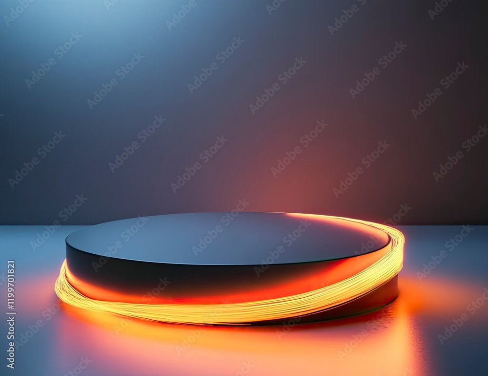 Poster 3d rendering of a podium with a glowing light line background, a vector presentation design mockup t
