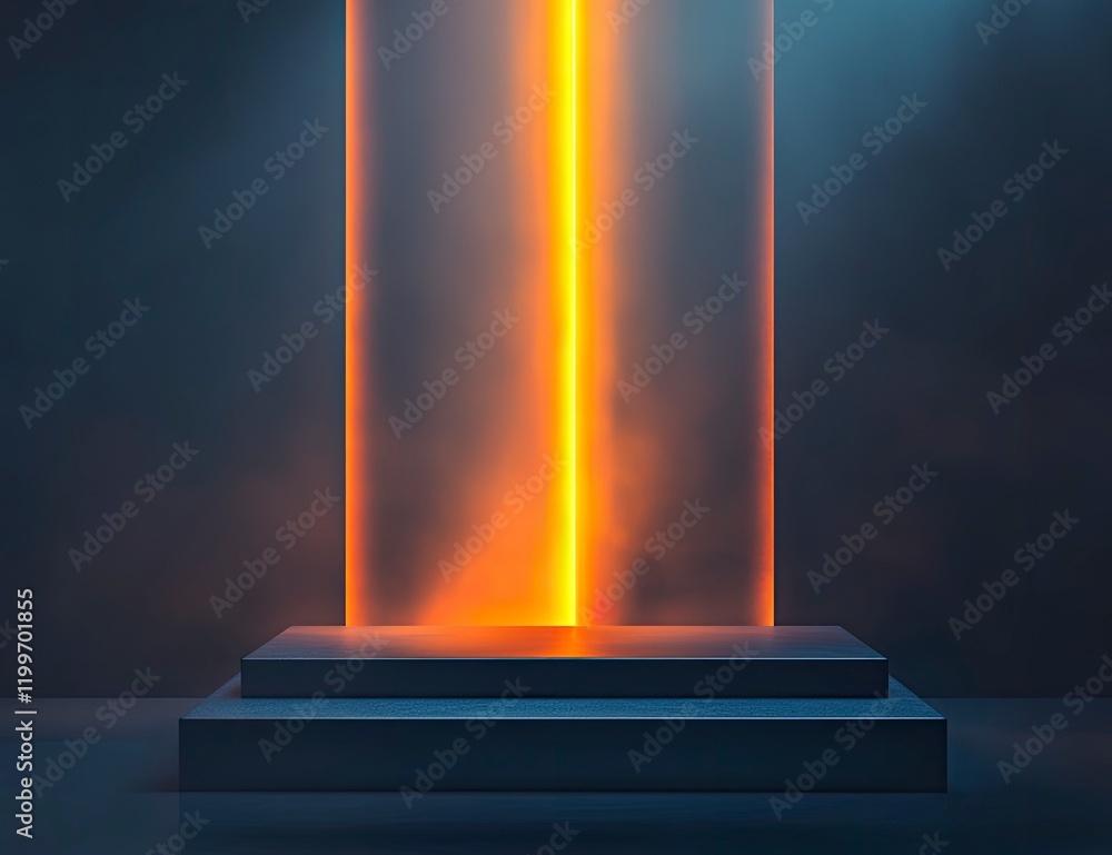 Poster 3d rendering of a podium with a glowing light line background, a vector presentation design mockup t