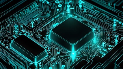 Fototapeta premium Neon-Lit Computer Motherboard with Circuit Tracks and Chips