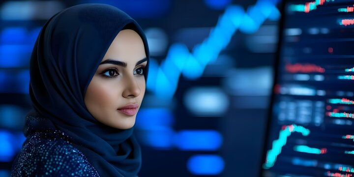 A woman wearing a hijab is looking at financial data displayed on computer screens, with upward trending graphs in the background. Concept Women in Finance, Data Analysis, Hijab Representation